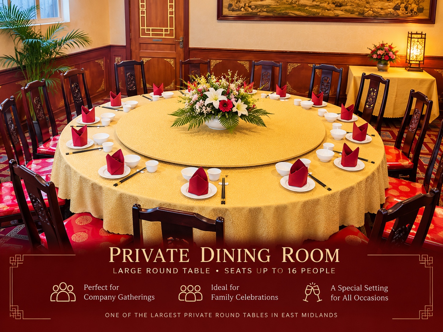 Private dining room with a traditional round table seating up to 16 guests