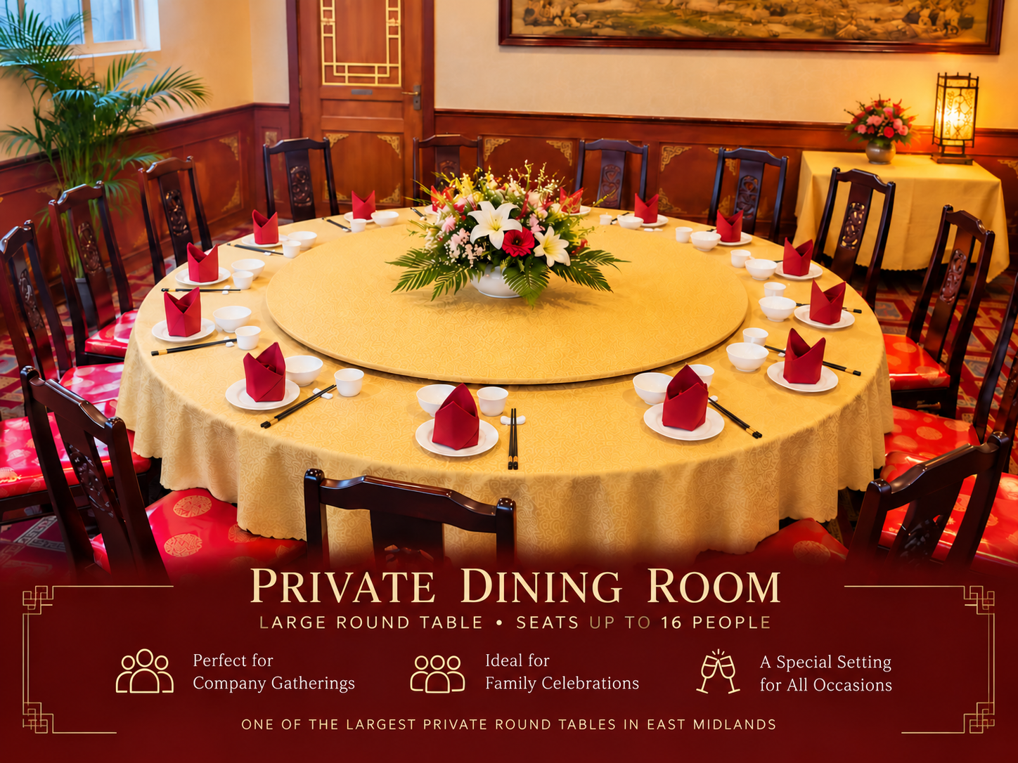 Private dining room with a traditional round table seating up to 16 guests